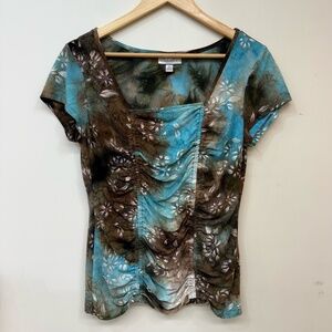 Vintage Y2K Dress Barn Blue and Brown Floral Ruched Square Neck Top Size Medium